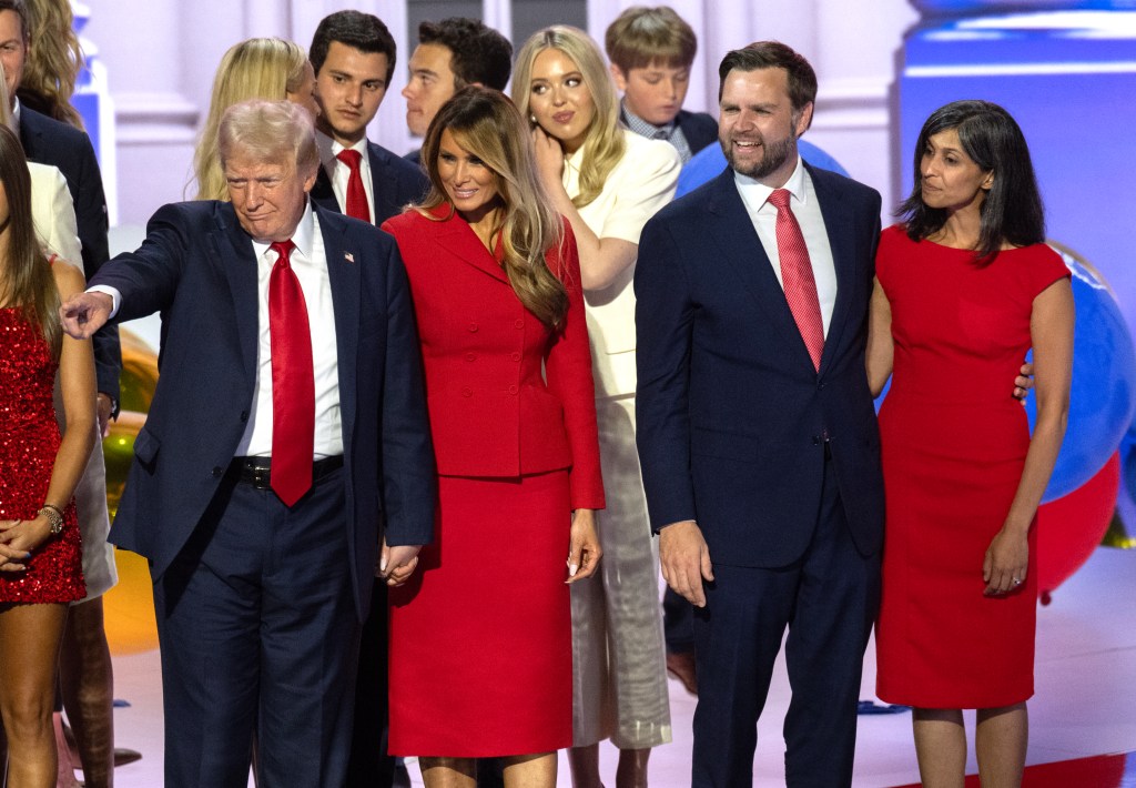 JD and Usha Vance join Trump at the RNC during the convention in July.