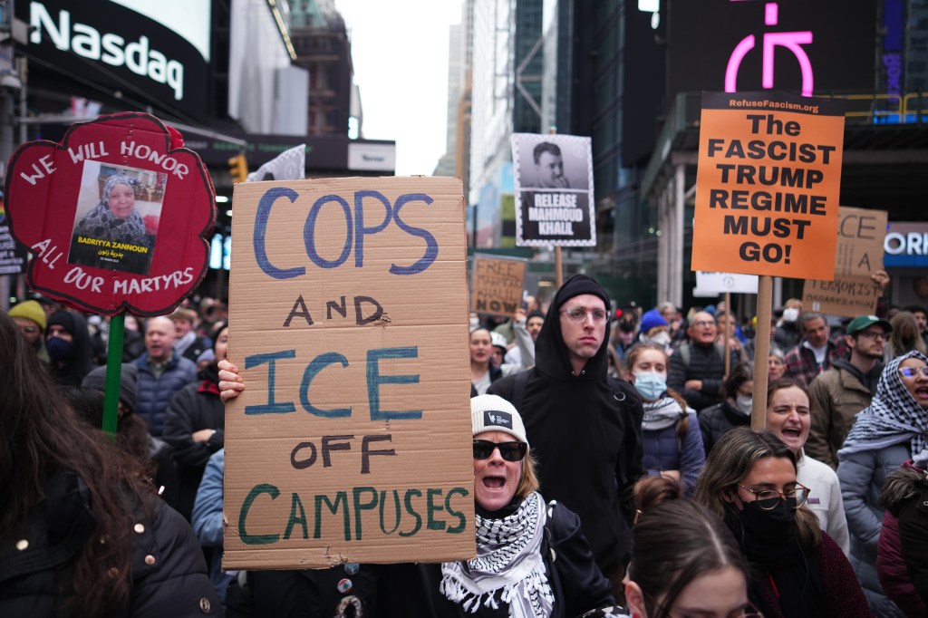 Pro-Palestinian protesters gather at Times Square during a demonstration calling for the release of Mahmoud Khalil on Saturday, March 15, 2025 in New York, N.Y. 