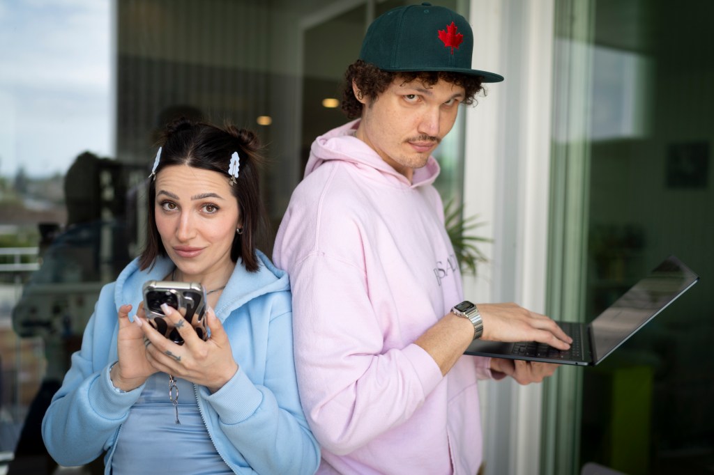 North Hollywood, California. Abella Bala and Dom Versaci who use Chat GPT for AI couples therapy. 
