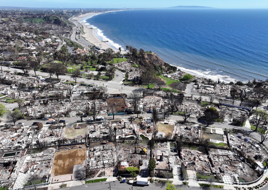 An aerial view of homes near the Pacific Ocean which were destroyed in the Palisades Fire with some lots cleared of debris on March 15, 2025 in Pacific Palisades, California.