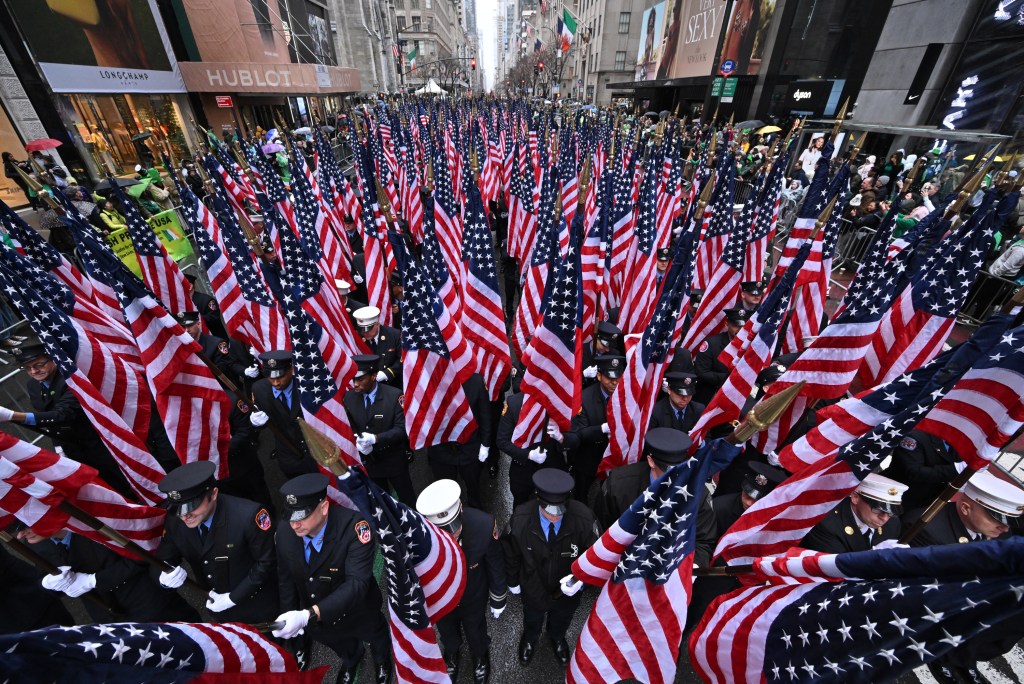 FDNY members marching in the St. Patrick's Day Parade.