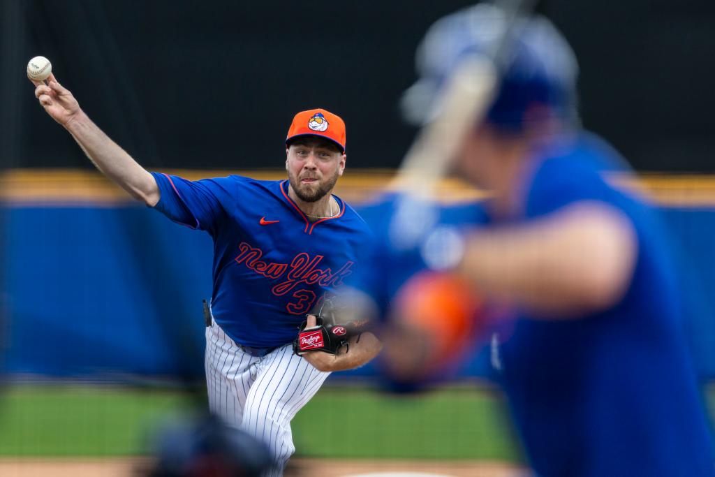 Tylor Megill throws during a live batting practice session for the Mets on Feb. 14.