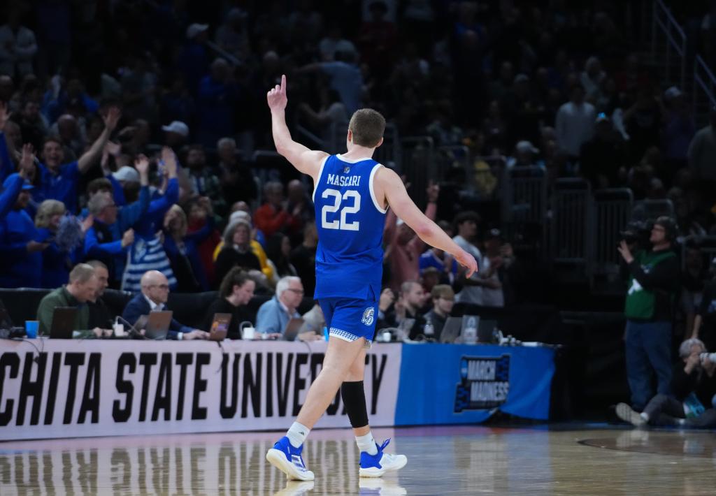 Drake Bulldogs guard Mitch Mascari (22) reacts after defeating the Missouri Tigers in a first round menâs NCAA Tournament game at Intrust Bank Arena.