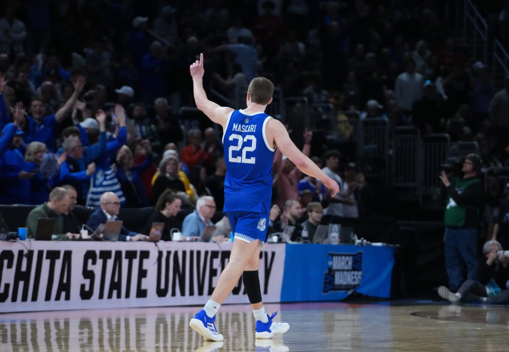 Drake Bulldogs guard Mitch Mascari (22) reacts after defeating the Missouri Tigers in a first round menâs NCAA Tournament game at Intrust Bank Arena.