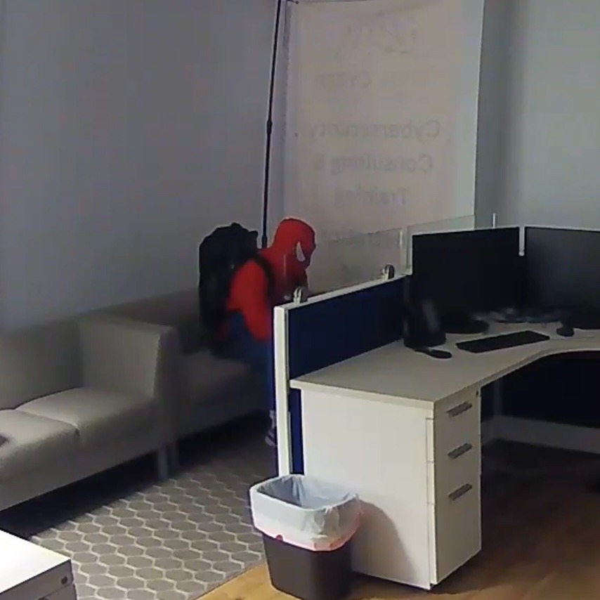A Virginia man named Joel Brown, dressed as Spider-Man, stealing anime trading cards worth 10K while sitting on a desk