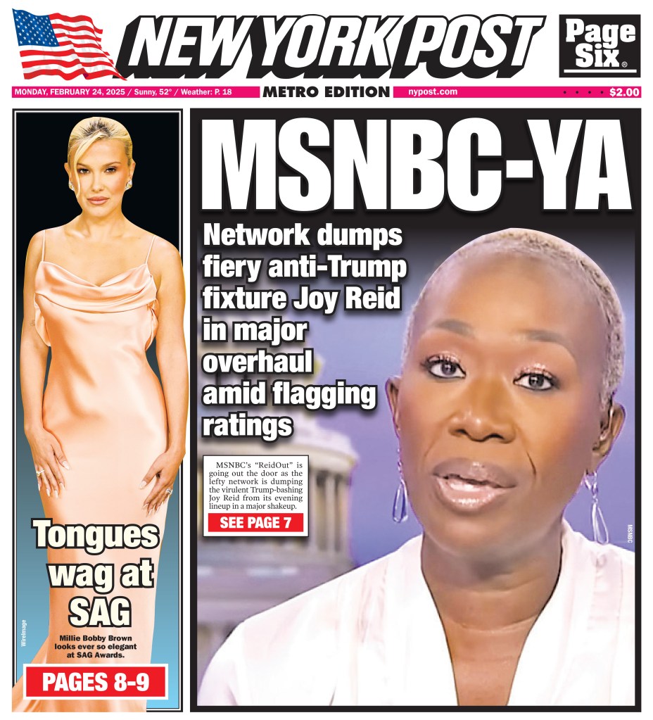 Joy-Ann Reid and Millie Bobby Brown looking at a newspaper, with a woman in a white dress on it