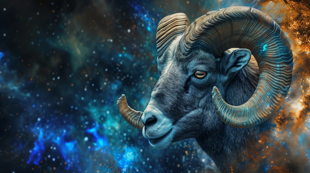Zodiac sign aries in cosmic space. Generative AI. Copy space