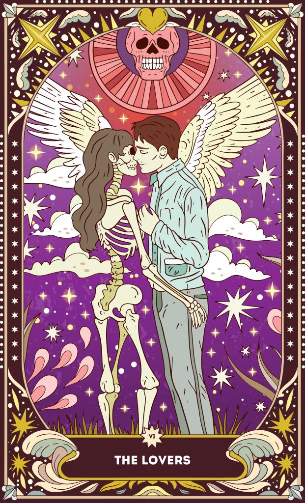 A tarot card in bohemian tones in a modern style in the form of a skeleton. Modern illustration of The Lovers card, minimalistic cartoon skeleton, simple vector drawing
