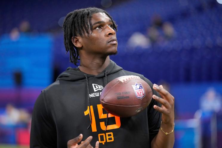Miami quarterback Cam Ward watches a drill at the NFL football scouting combine in Indianapolis, Saturday, March 1, 2025.