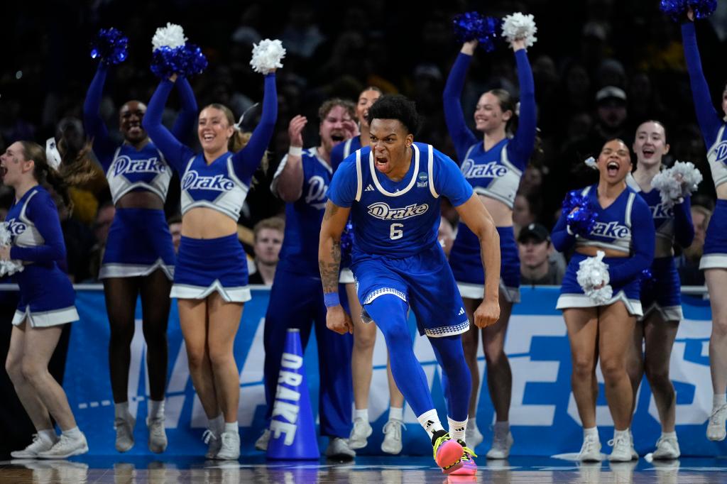 Drake guard Tavion Banks (6) celebrates after making a basket during the second half of a game against Missouri in the first round of the NCAA college basketball tournament, Thursday, March 20, 2025, in Wichita, Kan.