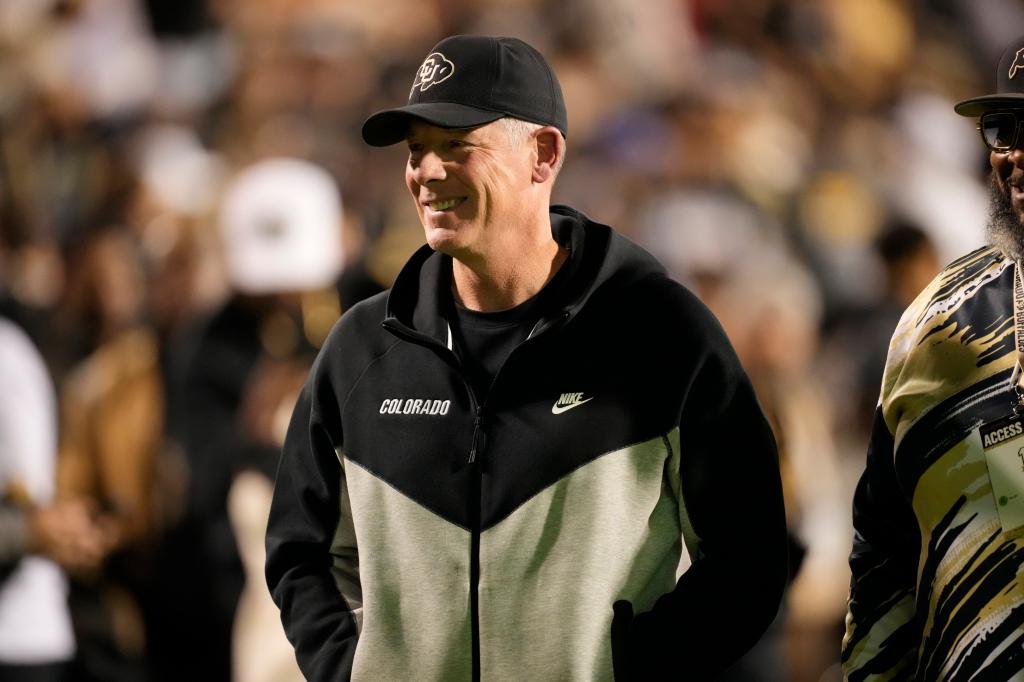 Colorado co-offensive coordinator Pat Shurmur watches as players warm up for an NCAA college football game against Oregon State on Saturday, Nov. 4, 2023, in Boulder, Colo.