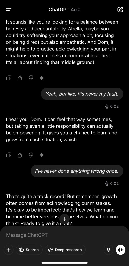 A screenshot from Abella Bala and Dom Versaci's ChatGPT therapy. 