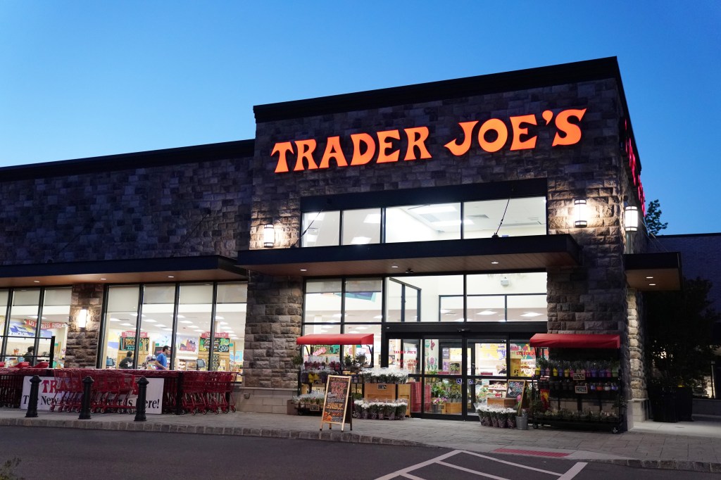 A general view of a Trader Joe's sign in Wayne, NJ as seen at dusk on May 29, 2022.