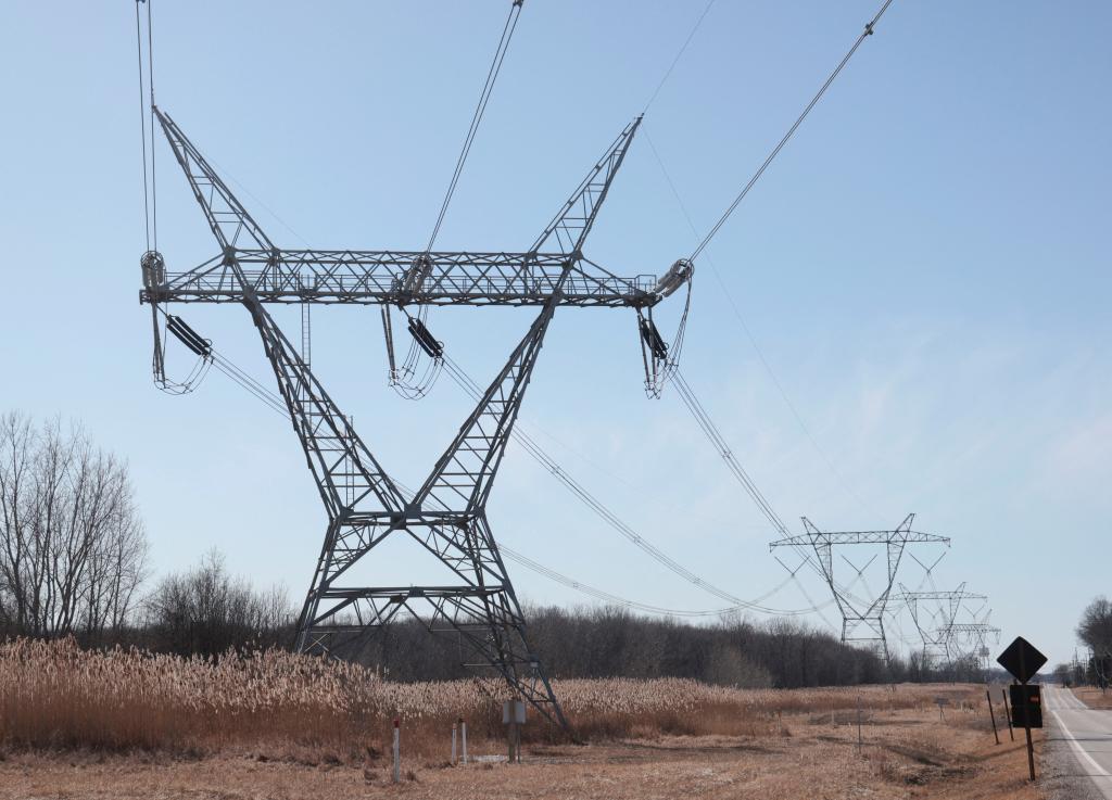 High-voltage power lines  that carry electricity across the St. Clair River between Canada and the United States are seen in East China Township, Michigan, U.S., March  8, 2025.