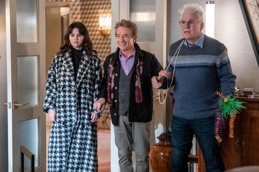 Selena Gomez, Martin Short and Steve Martin in a scene from "Only Murders in the Building." 