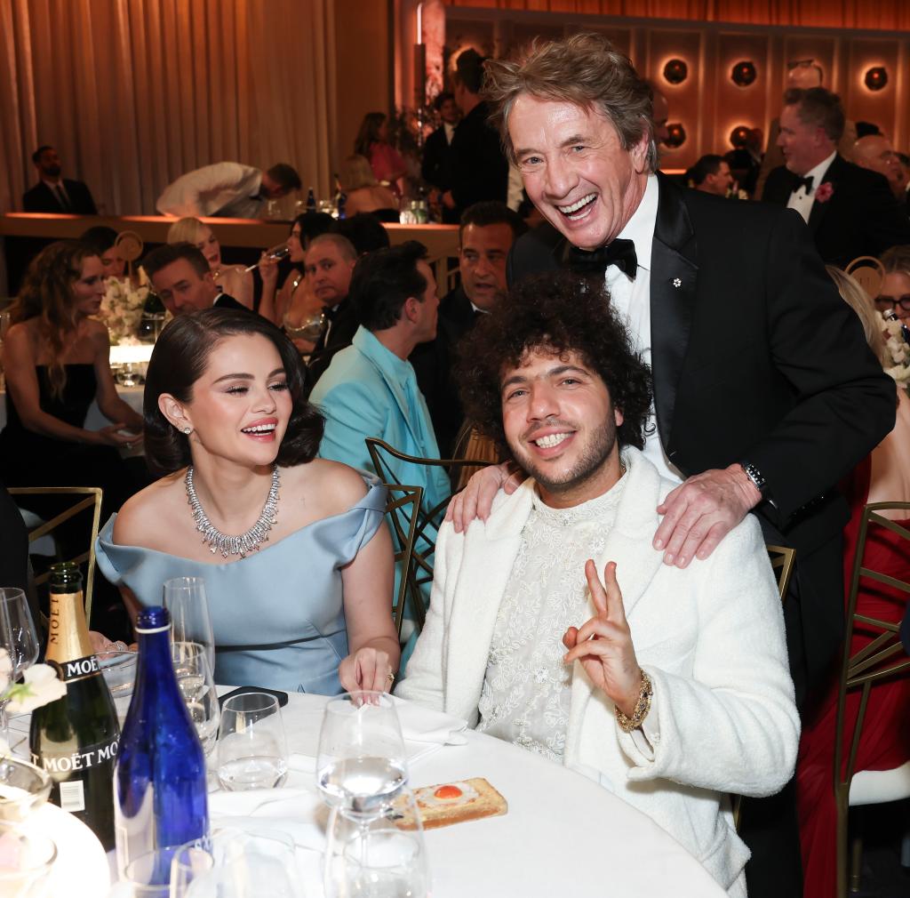 Selena Gomez, Benny Blanco and Martin Short at the Golden Globes 2025.