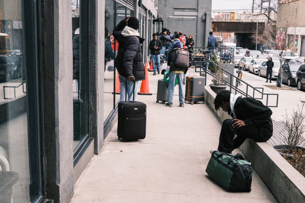 Migrants seeking asylum in the USA arrive at a city run shelter on East 141st street and Bruckner Boulevard in the Bronx.