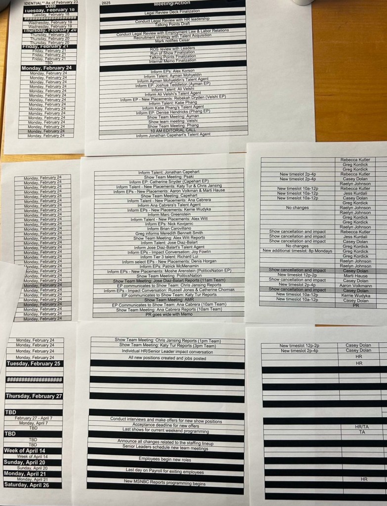 A stack of papers containing details about mass layoffs, mistakenly printed by MSNBC executives