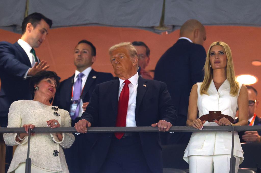 President Donald Trump looks on at Super Bowl LIX alongside New Orleans Saints owner Gayle Benson and Ivanka Trump.