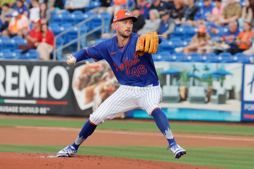 Griffin Canning throws a pitch for the Mets during a Grapefruit League game March 10.