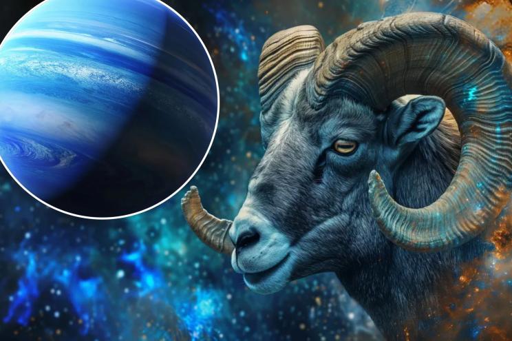 A ram with horns representing Aries with the planet Neptune in space, symbolizing a shift towards action and confrontation.