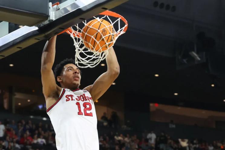 RJ Luis Jr., who scored 22 points, slams home a dunk during St. John's 83-53 blowout win over Omaha in first round of the NCAA Tournament on March, 20, 2025.