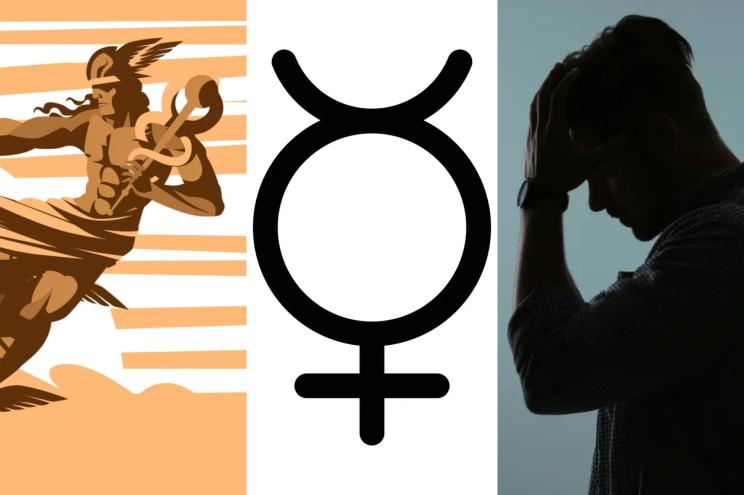 A tarot reader contemplating with his hands on his head, sharing insights for each sign during Mercury retroshade.