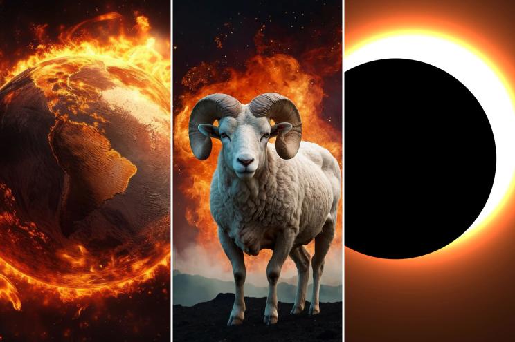 A collage of animals with text overlay explaining the significance of the March 2025 solar eclipse in Aries
