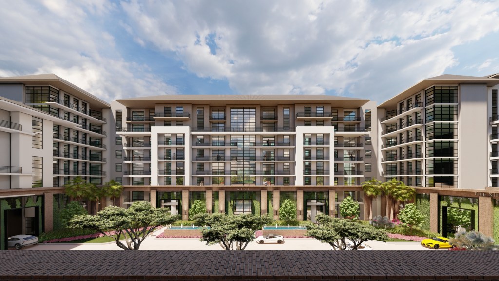 Rendering of Office Depot's old campus being redeveloped into new housing, featuring a building surrounded by trees and a parking lot