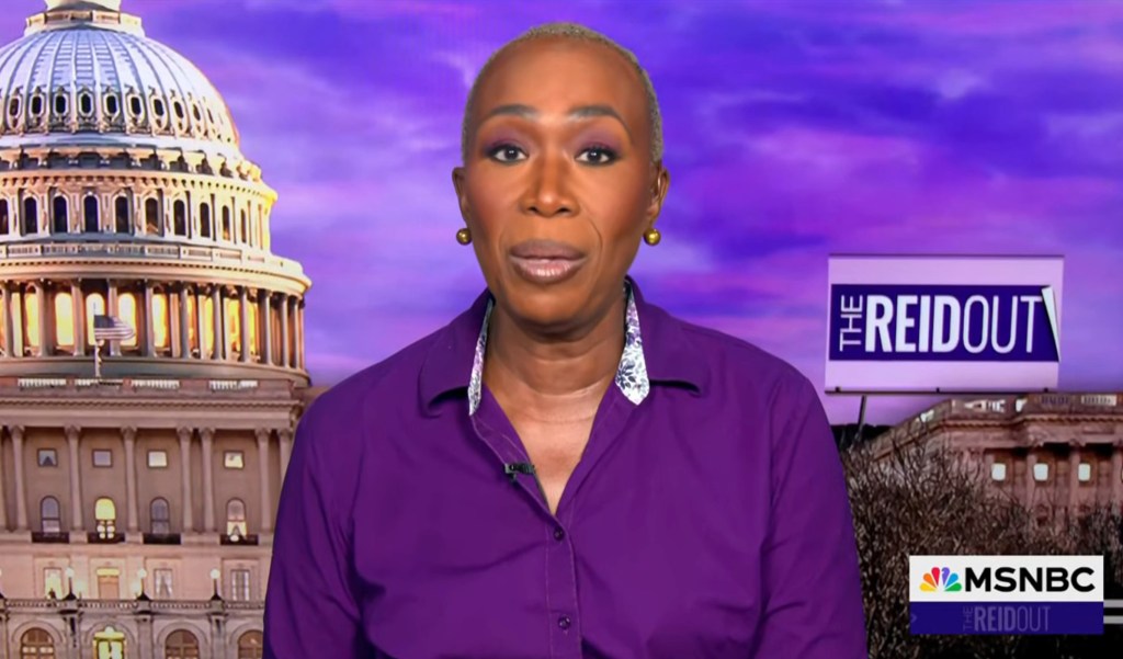 Joy-Ann Reid hosting her MSNBC show 'The Reid Out' on Friday, February 21, 2025, wearing a purple shirt.