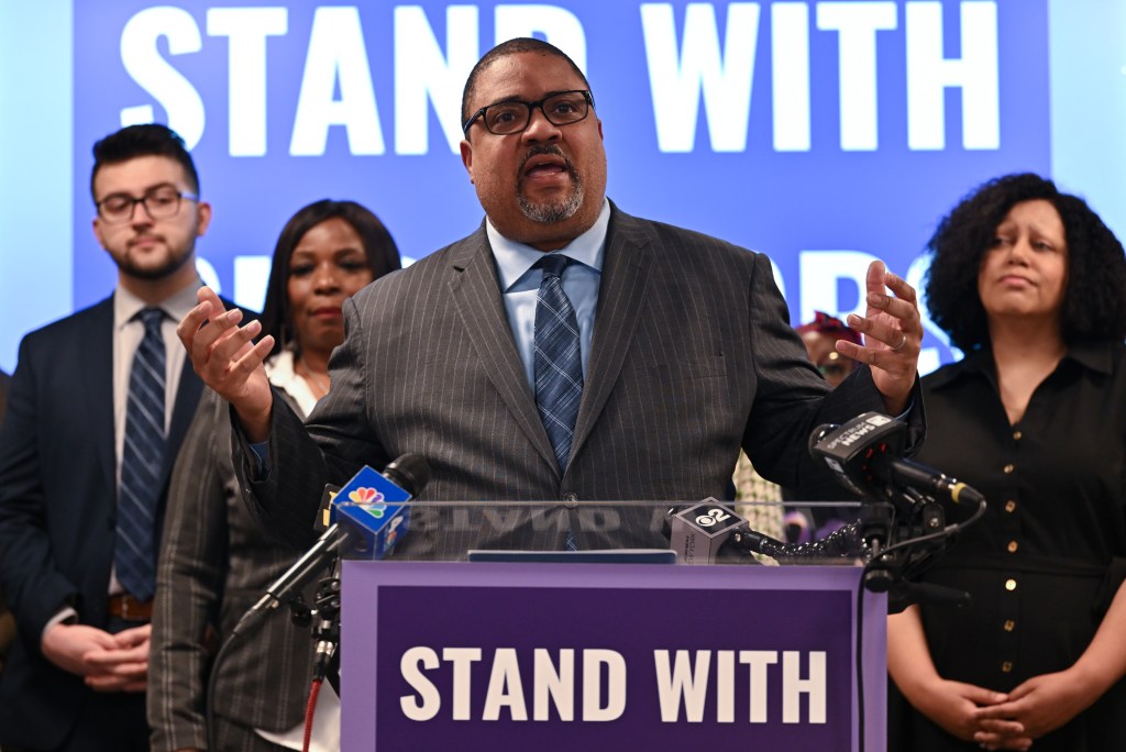 Manhattan District Attorney Alvin Bragg speaks at a news conference.
