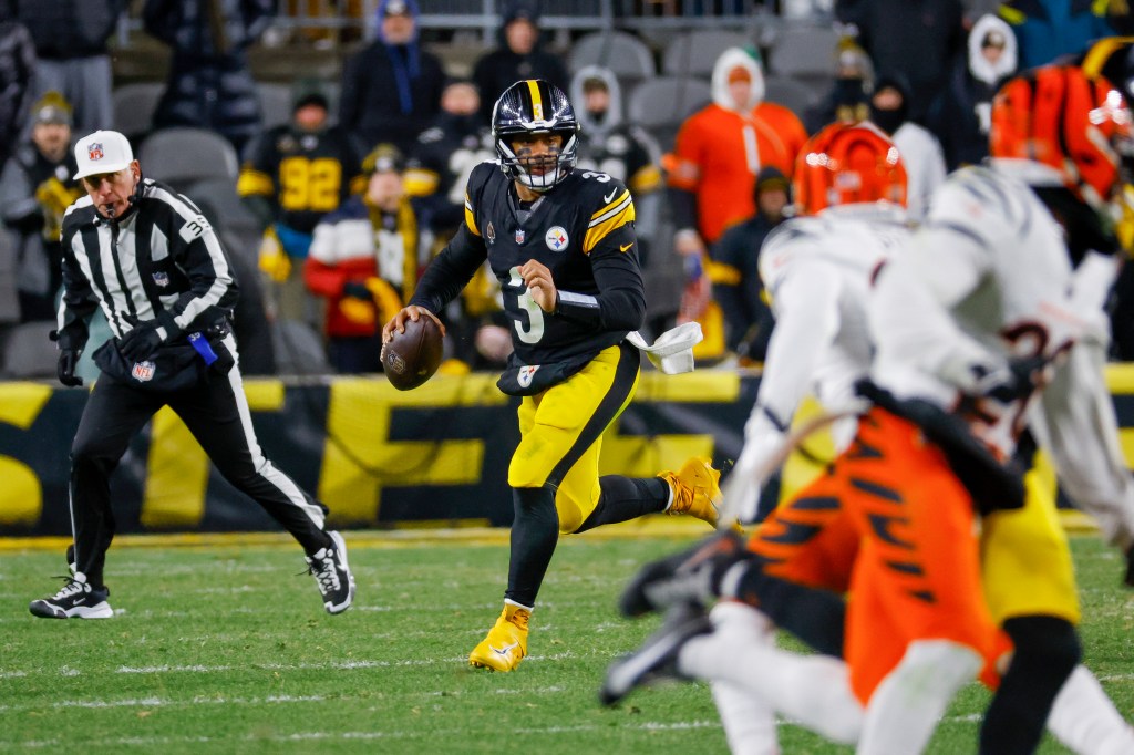 Russell Wilson #3 of the Pittsburgh Steelers looks to throw a pass against the Cincinnati Bengals.