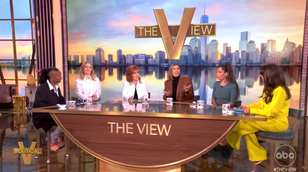 Senator Elissa Slotkin discussing politics with co-hosts Whoopi Goldberg, Sunny Hostin, Heidi Alexander, Joy Behar, and Sara Haines on 'The View' TV show.
