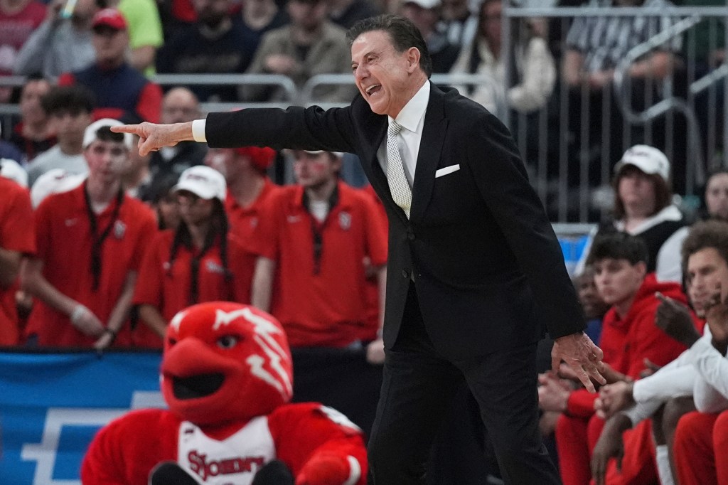 St. John's head coach Rick Pitino instructing his team during the NCAA college basketball tournament game, March 20, 2025, in Providence, RI.