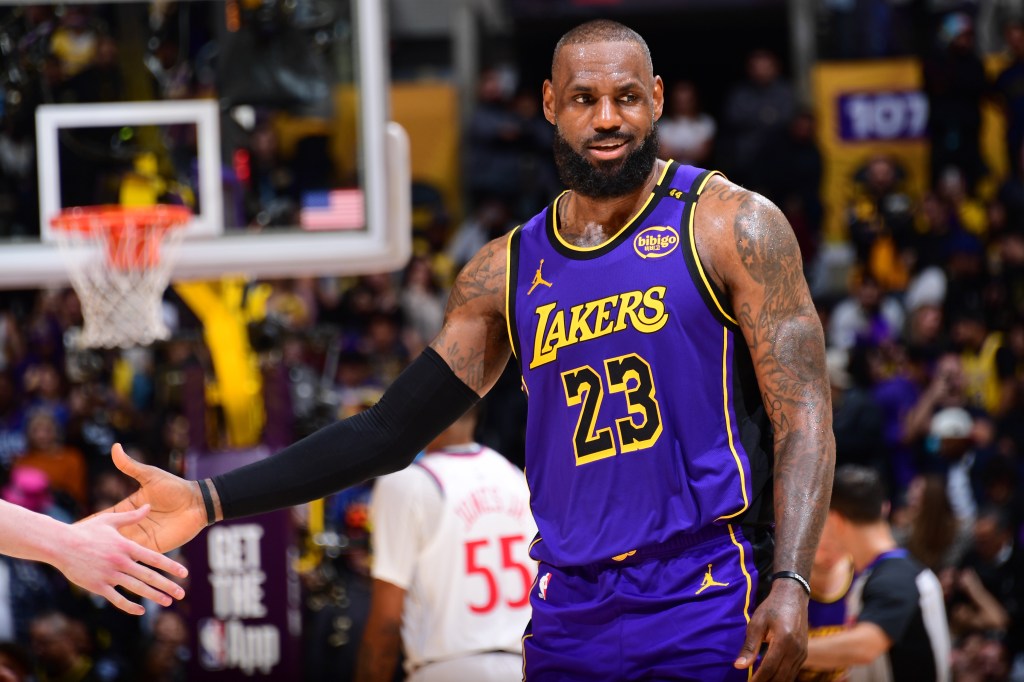 LeBron James #23 of the Los Angeles Lakers celebrating during a game against the LA Clippers at the Crypto.Com Arena in Los Angeles, California on February 28, 2025.