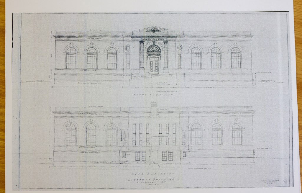 A copy of the original blue prints for the library.