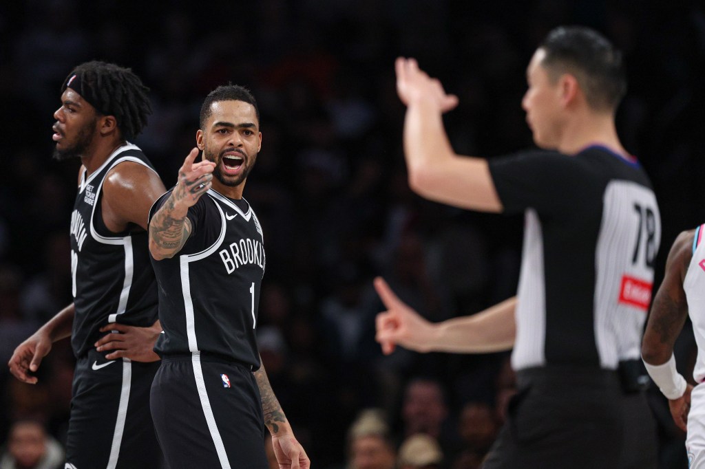 D'Angelo Russell expressing displeasure after being called for a technical foul by referee Evan Scott during a Brooklyn Nets vs Miami Heat game at Barclays Center
