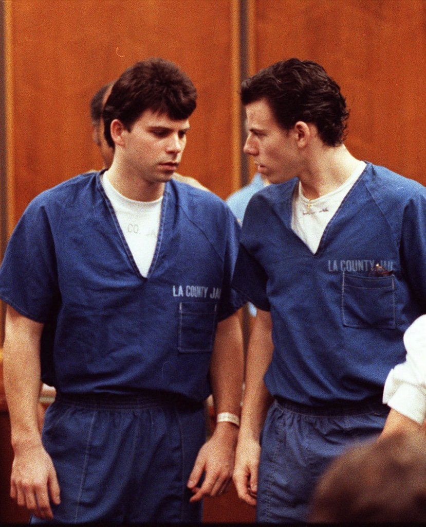 Lyle and Erik Menendez leaving the courtroom in Santa Monica, California, on August 6, 1990, after their trial for the 1989 murders of their parents.