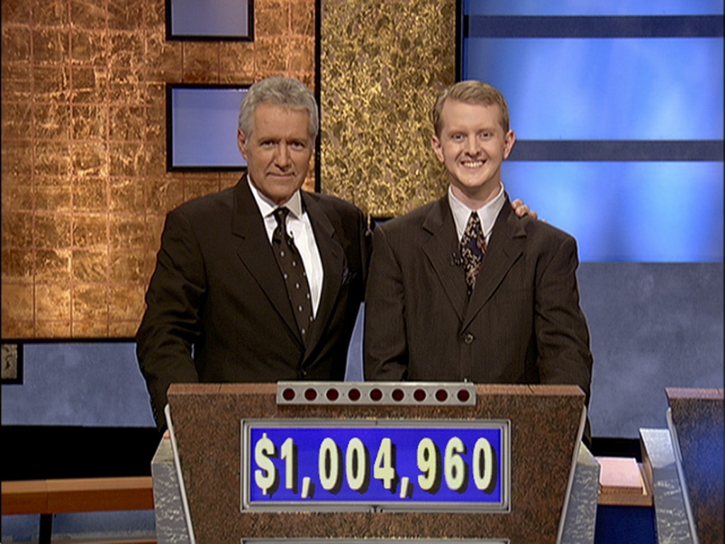 Alex Trebek and Ken Jennings pose for a photo on set on July 13, 2004.
