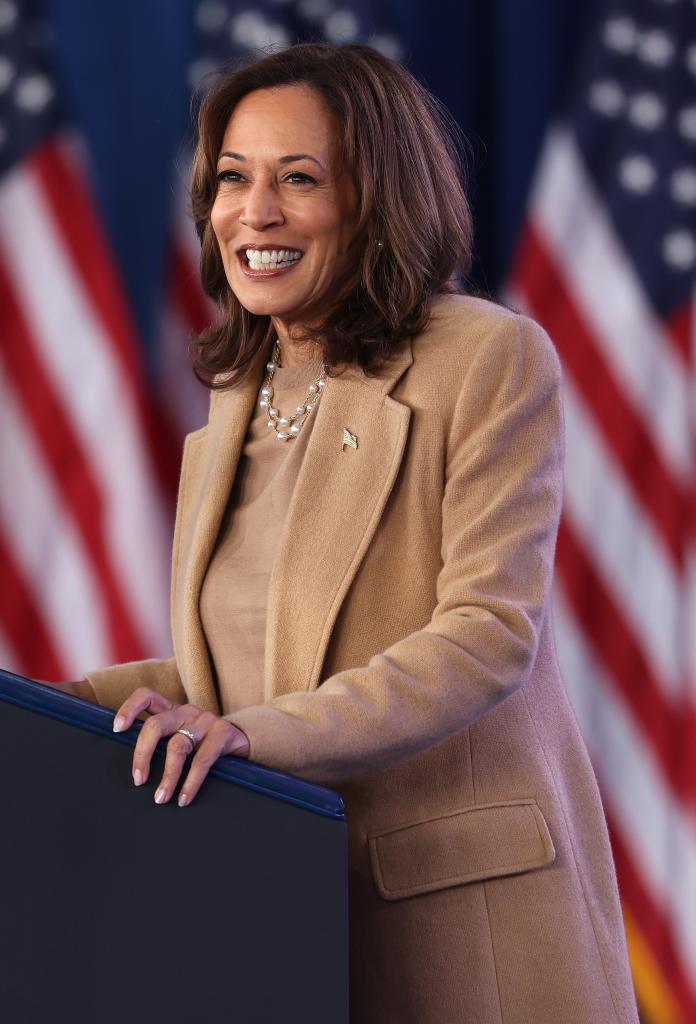 Democratic presidential nominee, U.S. Vice President Kamala Harris, speaks during a campaign rally at the PNC Music Pavilion on November 02, 2024 in Charlotte, North Carolina.