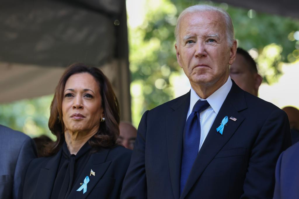Democratic presidential nominee, U.S. Vice President Kamala Harris, and U.S. President Joe Biden, join family and friends at Ground Zero honoring the lives of those lost on the 23rd anniversary of the terror attacks of September 11, 2001, at the World Trade Center on September 11, 2024 in New York City. 