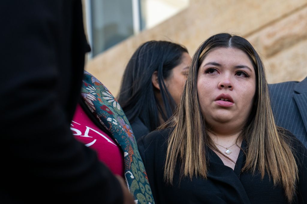 Jennifer Vasquez Sura, wife of deported Kilmar Abrego Garcia, at a press conference outside US District Court House in Greenbelt, Maryland