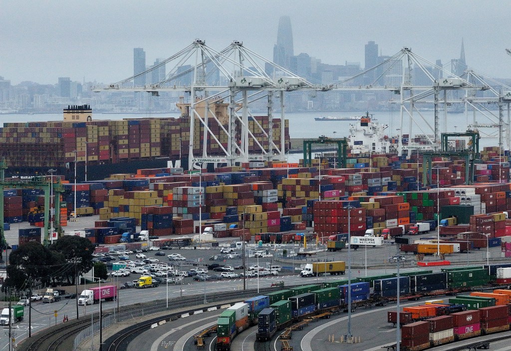 The market’s rebound comes amid growing questions over the independence of the Fed and the economic fallout from escalating tariffs between the United States and China. The image above shows the Port of Oakland on April 18.
