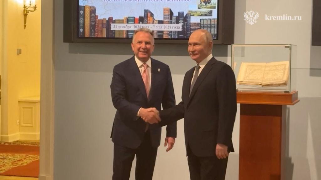 Russian President Vladimir Putin shakes hands with President Donald Trump's special envoy Steve Witkoff during a meeting in Saint Petersburg, Russia April 11, 2025, in this still image taken from video. 