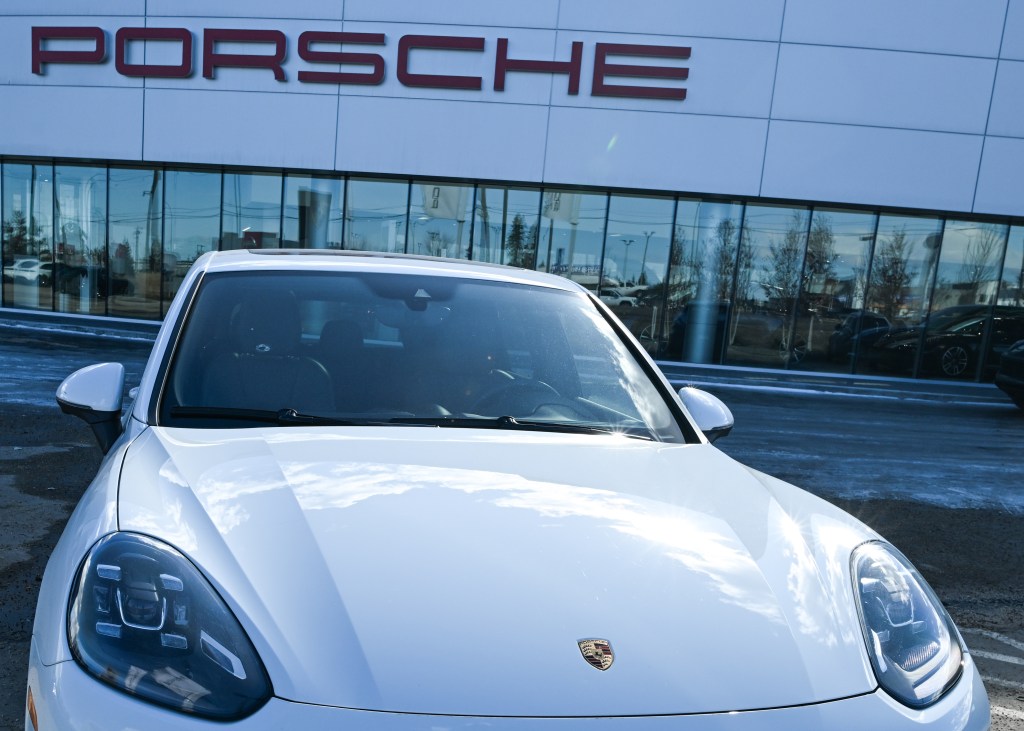 A file picture of a Porsche vehicle parked outside a Porsche dealership in Edmonton, Alberta, Canada, on April 2, 2025.