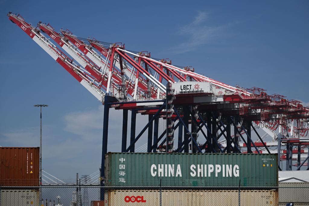 A China Shipping cargo container sits stacked at the Port of Long Beach in Long Beach, California on April 10, 2025. 