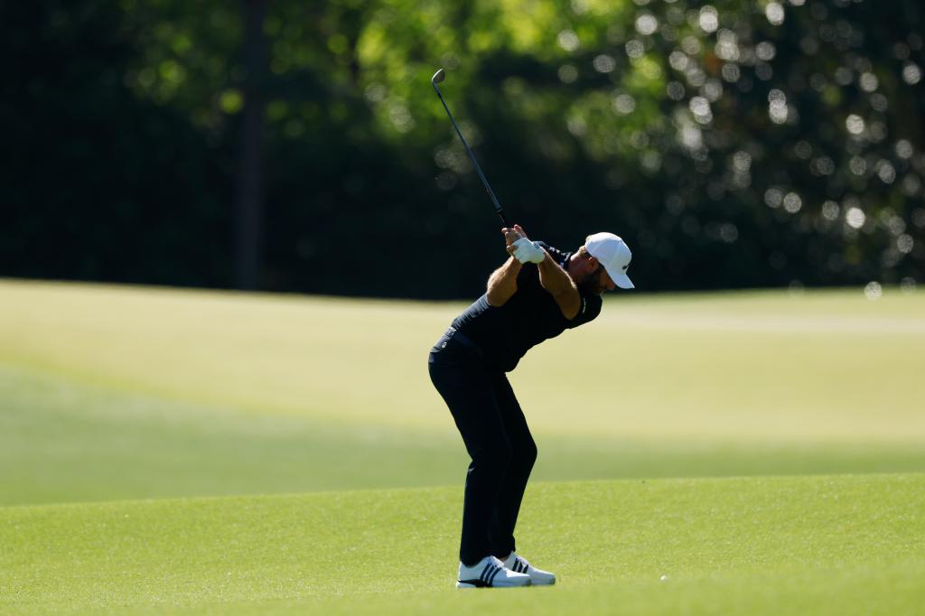 Dustin Johnson of the United States plays his third shot on the fifth hole during the second round of the 2025 Masters Tournament at Augusta National Golf Club on April 11, 2025 in Augusta, Georgia.