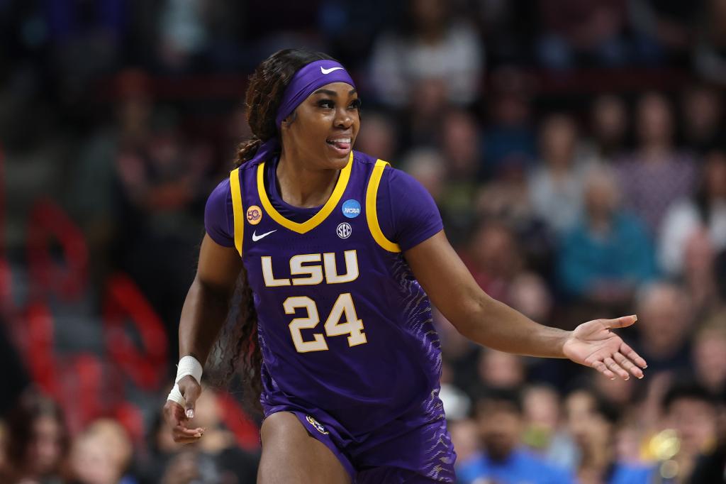 Aneesah Morrow #24 of the LSU Lady Tigers reacting during a game against the UCLA Bruins in the Elite Eight round of the NCAA Women's Basketball Tournament