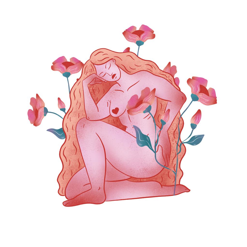 Woman body. Raster textural illustration of a female and flowers. Realistic woman for creating fashion prints, postcard, wedding invitations, banners, arrangement illustrations, books, covers