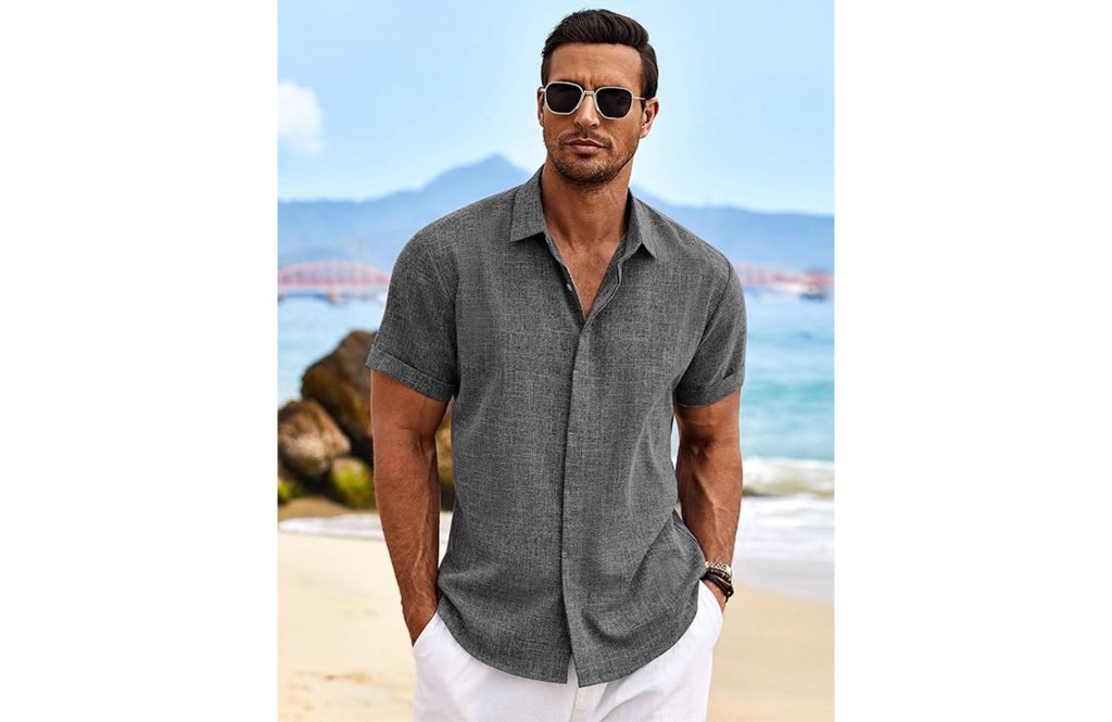 COOFANDY Men's Linen Shirts Short Sleeve Casual Shirts Button Down Shirt for Men Beach Summer Wedding Shirt